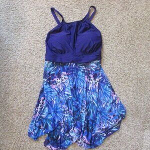 NWT Nleyook 22W Swim Dress Tropical Purple Blue Tankini Pad Bra Chiffon Bottom